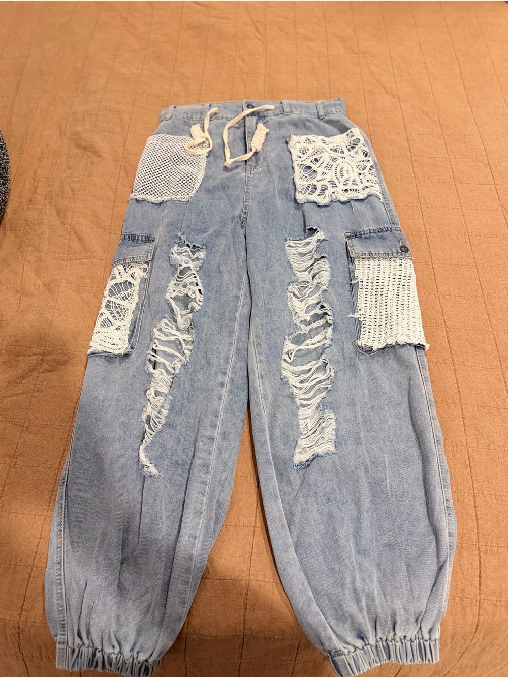 POL Light Blue Distressed Crochet Patch Boyfriend Jeans